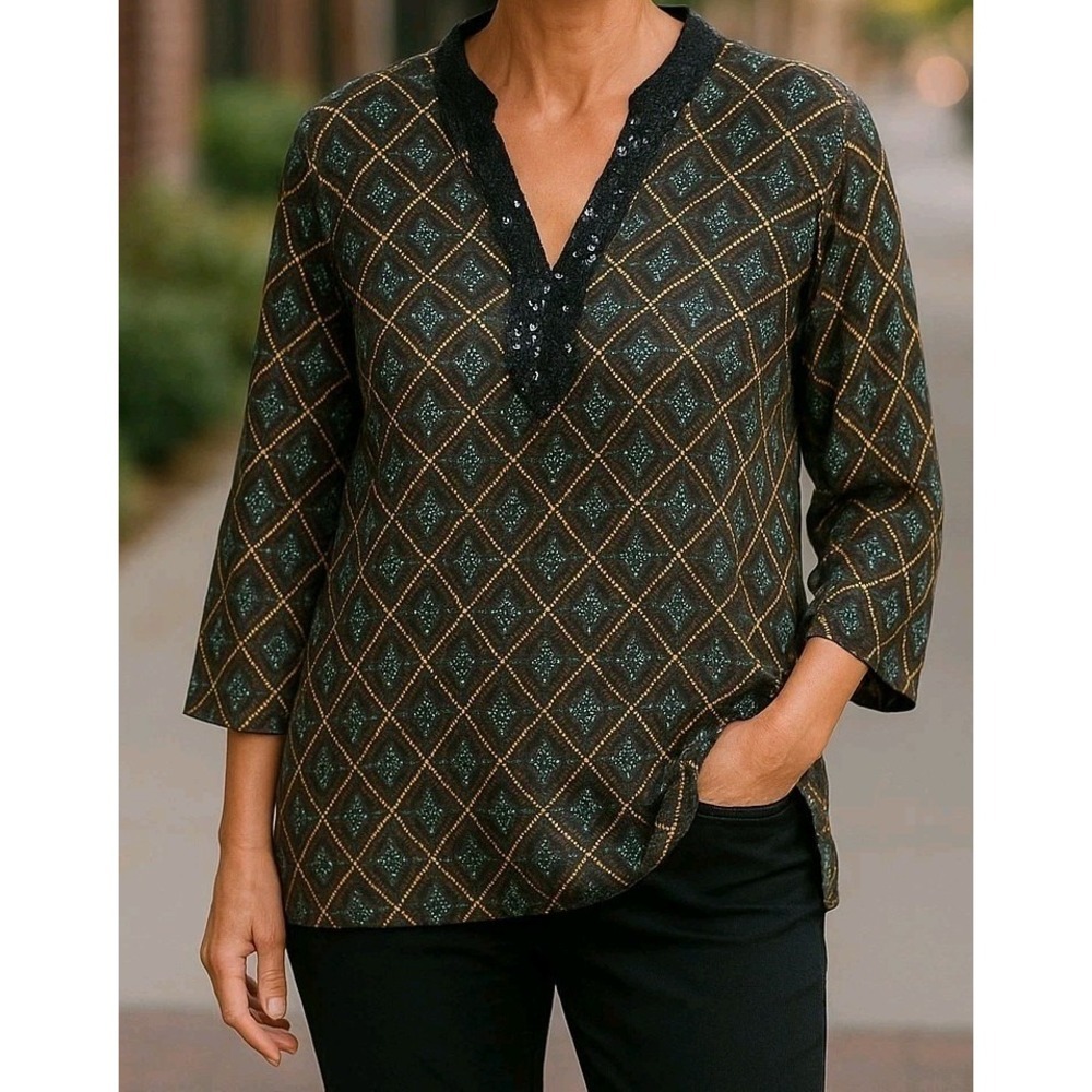 Jaclyn Smith Satin Blouse Women's Size Large Black Brown Teal 3/4 Sleeve Sequin